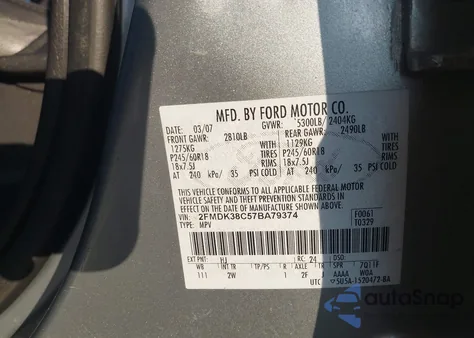 2007 Ford Edge Sel z USA, uszkodzony, nr VIN 2FMDK38C57BA79374